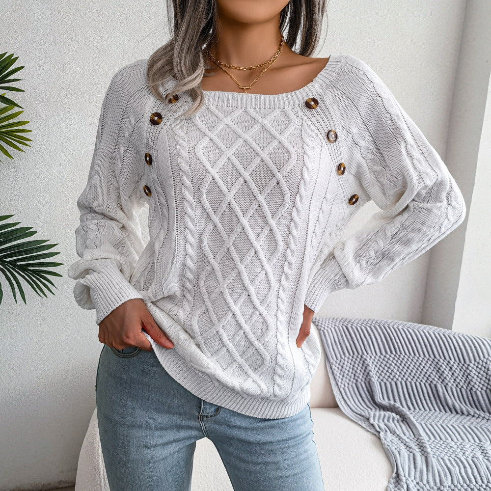 Square Neck Knitted Sweater With Button Design