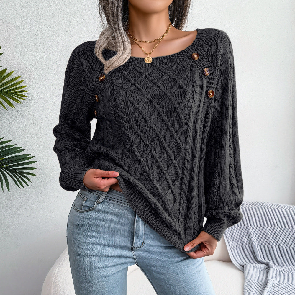 Square Neck Knitted Sweater With Button Design